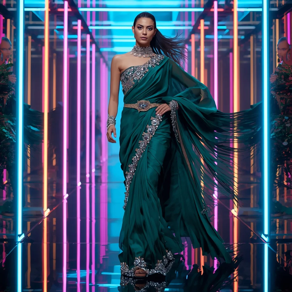 Emerald Nova Fantasy Saree with Floating Prism Reflection Hall | Woman Pose Ai Prompt