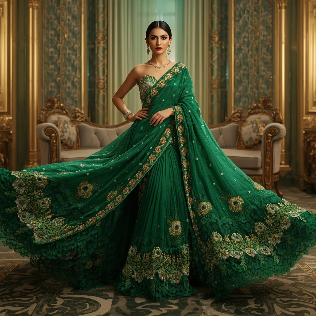 Emerald Peacock Aurora Saree with Golden River Thrones and Royal Garden Dynasty | Prompt Seen Girl Photo Editing Trending