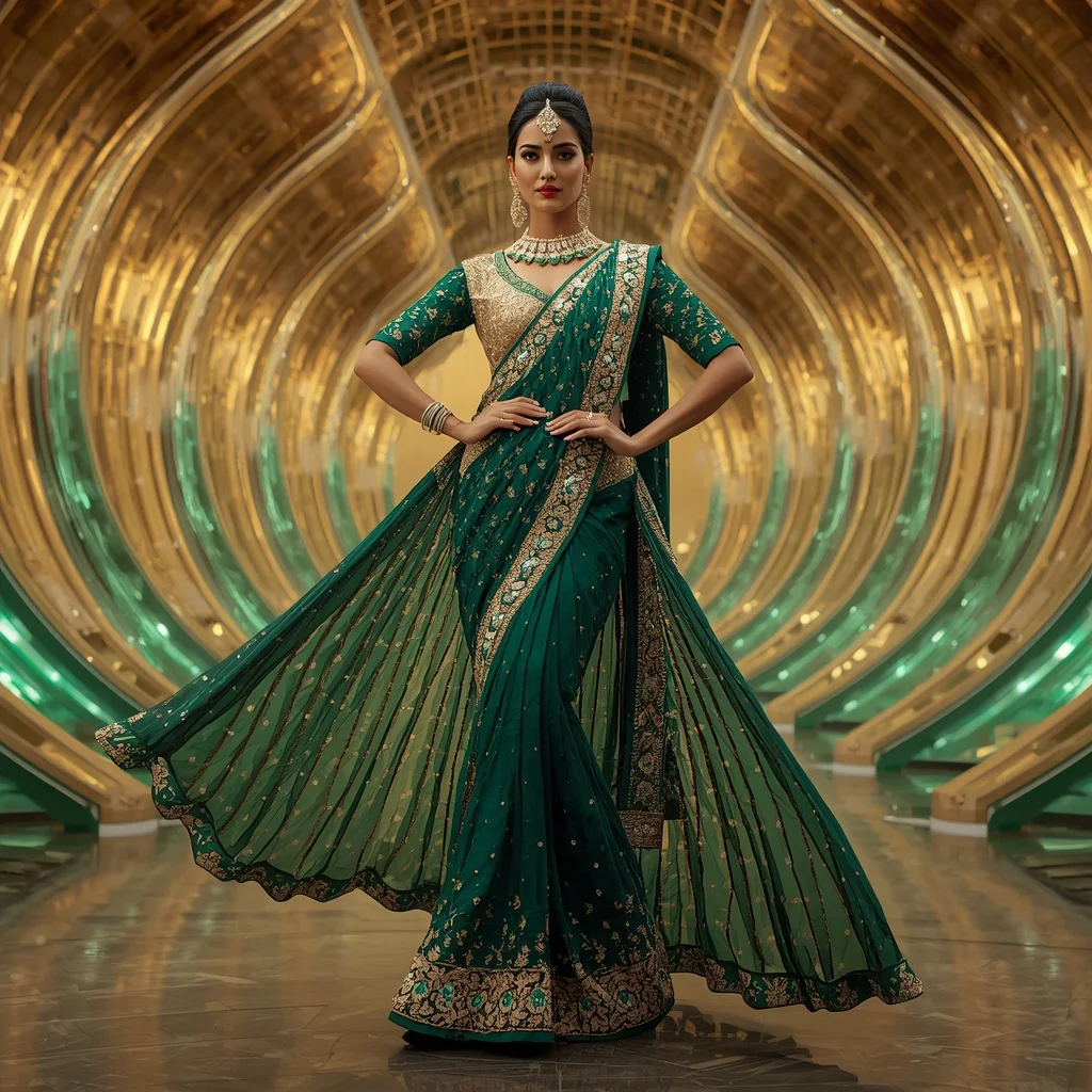 Emerald Peacock Palace Saree with Golden Crown Infinity Empire | Prompt For Traditional Look For Girl
