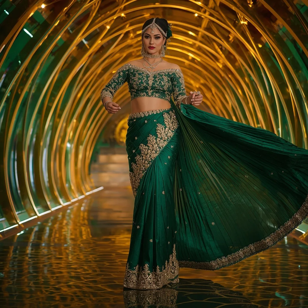 Emerald Peacock Throne Saree with Golden Crown Infinity Empire Hall | Prompt Seen Trending Girl 2026 Chatgpt