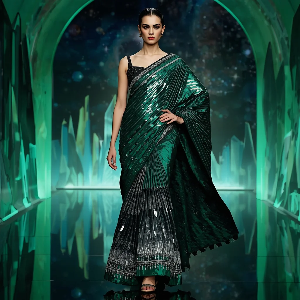 Emerald Quantum Eclipse Saree with Curved Prism Skyline Universes | Trending Prompts For Instagram For Girl