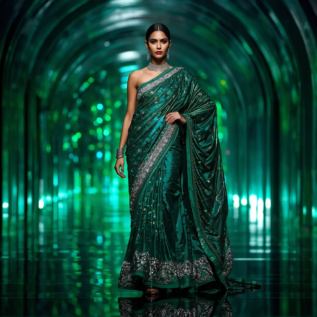 Emerald Quantum Mirage Saree with Curved Prism Skyline Corridors | Fitness Model Ai Prompt