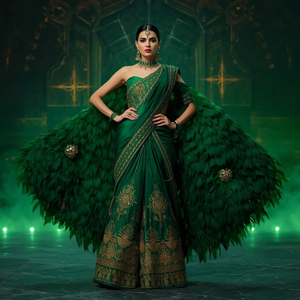 Emerald Royal Hyperforge Dominion Saree – Heavy Royal Festival Saree with Queen Pose and Hyperforge Dominion Palace Background | Desi Girl Ai Prompt