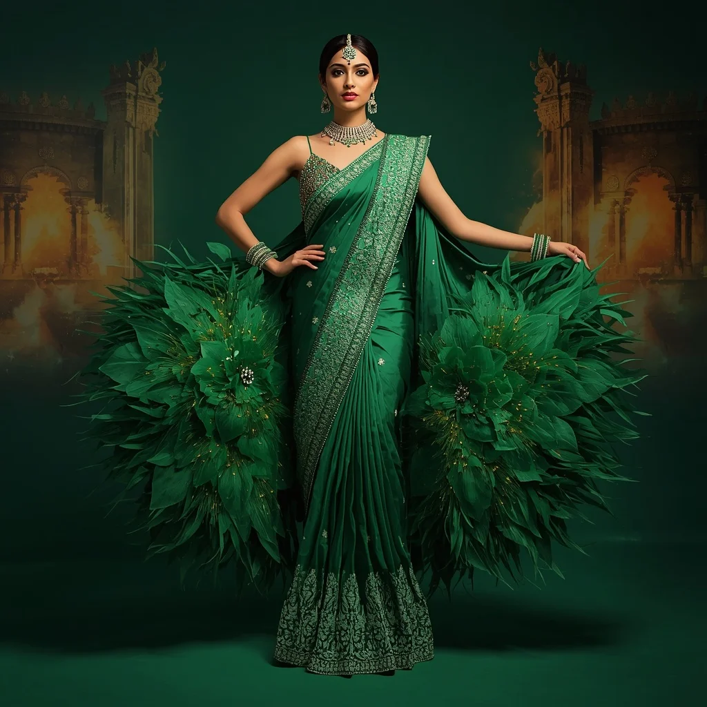 Emerald Royal Starcore Forge Saree – Heavy Royal Festival Saree with Queen Pose and Starcore Forge Palace Background | Hd Image Prompt
