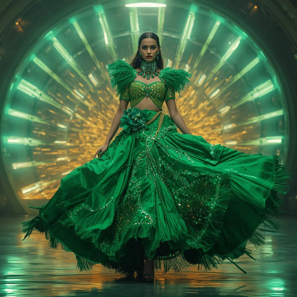 Emerald Supernova Rift Apex Armor Saree with Neon Collapse Energy Cathedral Sphere Reactor Dome | Ai Prompt For Social Media