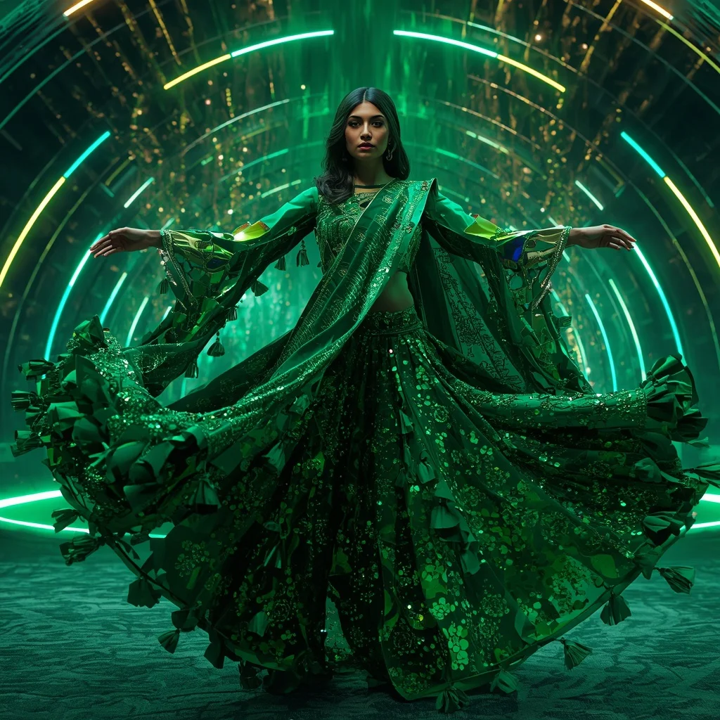 Emerald Supernova Rift Armor Saree with Neon Collapse Energy Cathedral Singularity Dome | Fitness Model Ai Prompt
