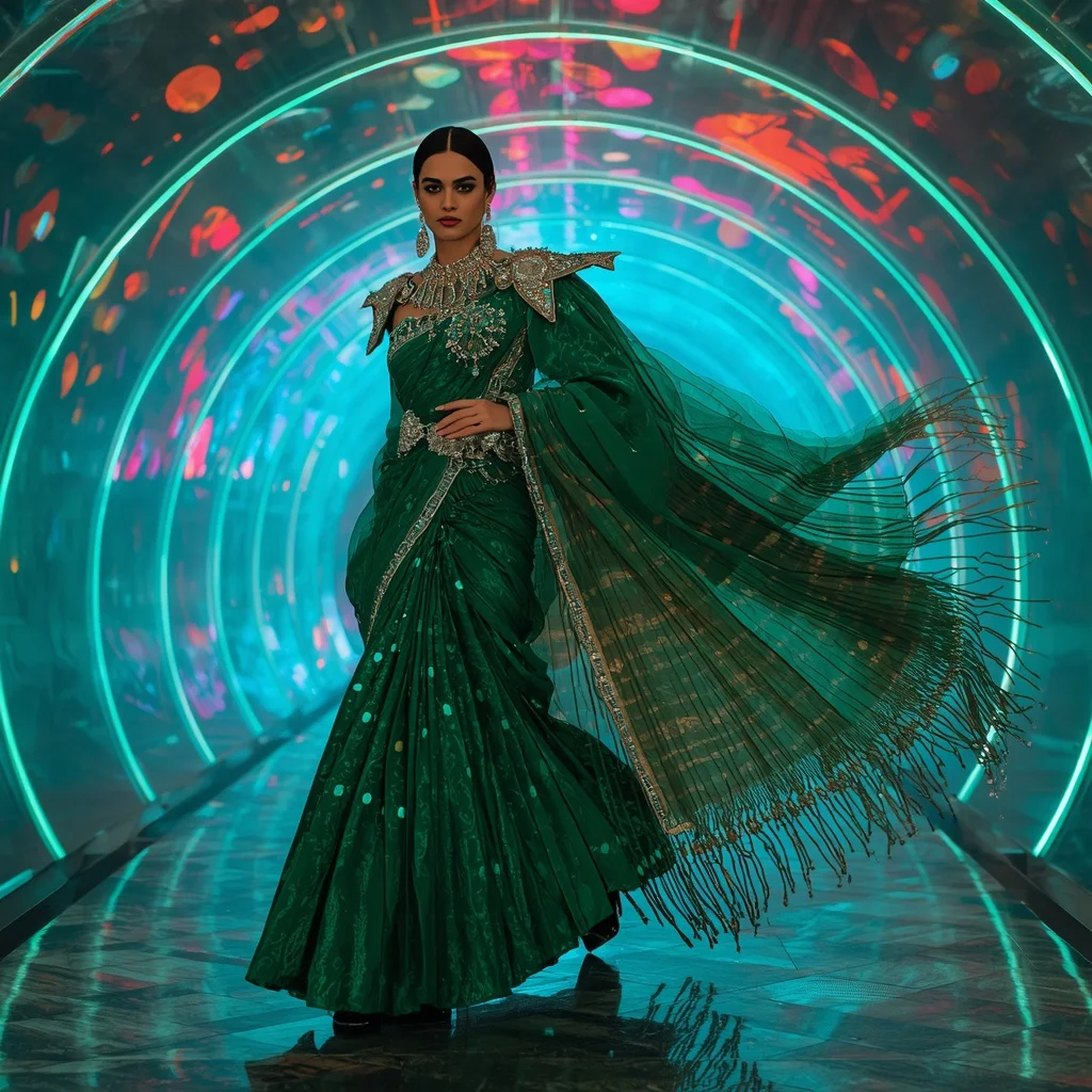 Emerald Thunder Crystal Saree with Curved Plasma Infinity Dome | New Instagram Trend Prompt For Girl Love