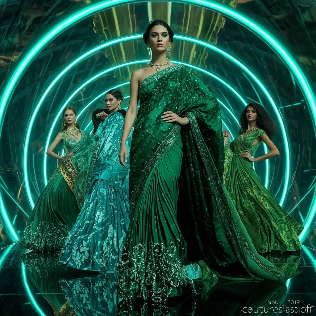 Emerald Thunder Goddess Saree with Dynamic Fashion Poses and Neon Orbit Hyperrealm | Motivation Ai Prompt