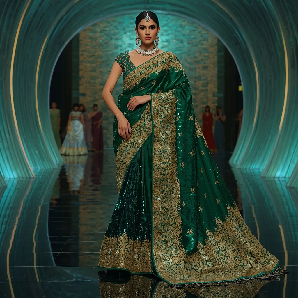 Emerald Titanium Dynasty Saree with Aurora Wave Palace | Makeup Ai Prompt
