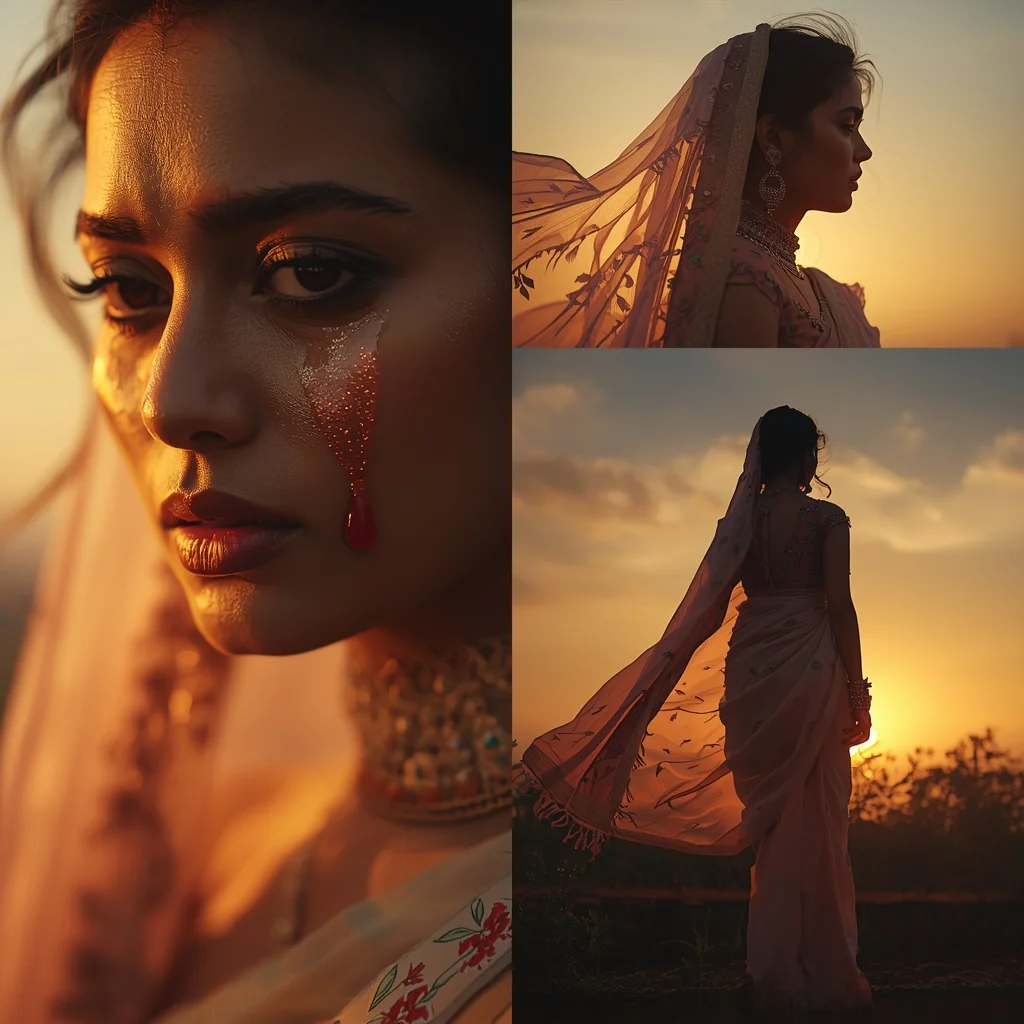 Emotional Luxury Pastel Saree Image Prompt for Women with Sunset Tears Glow and Cinematic Masterpiece | Wedding Saree Ai Prompt