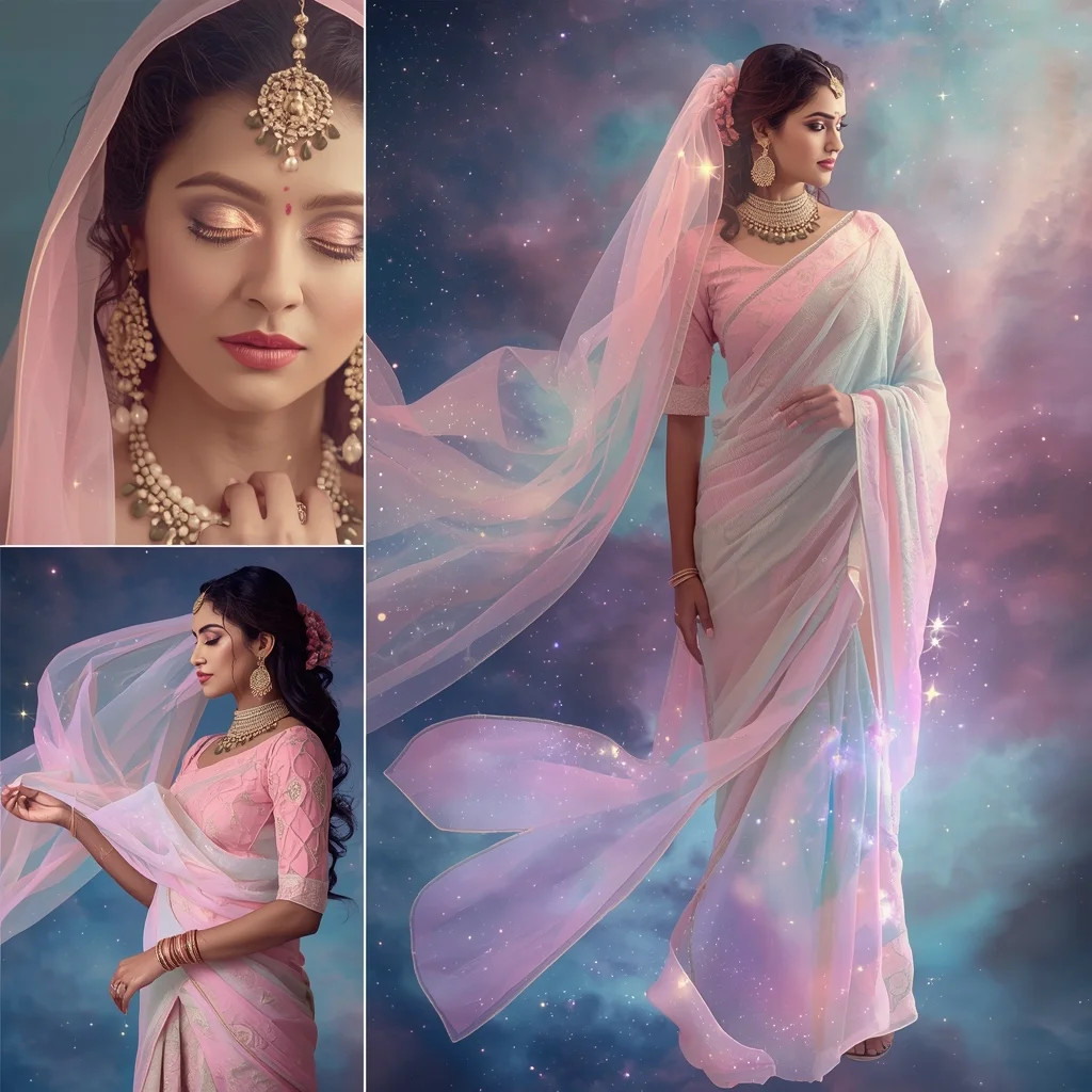 Enchanted Cosmic Pastel Saree Image Prompt for Women with Nebula Veil Magic | Saree Whatsapp Dp Ai Prompt
