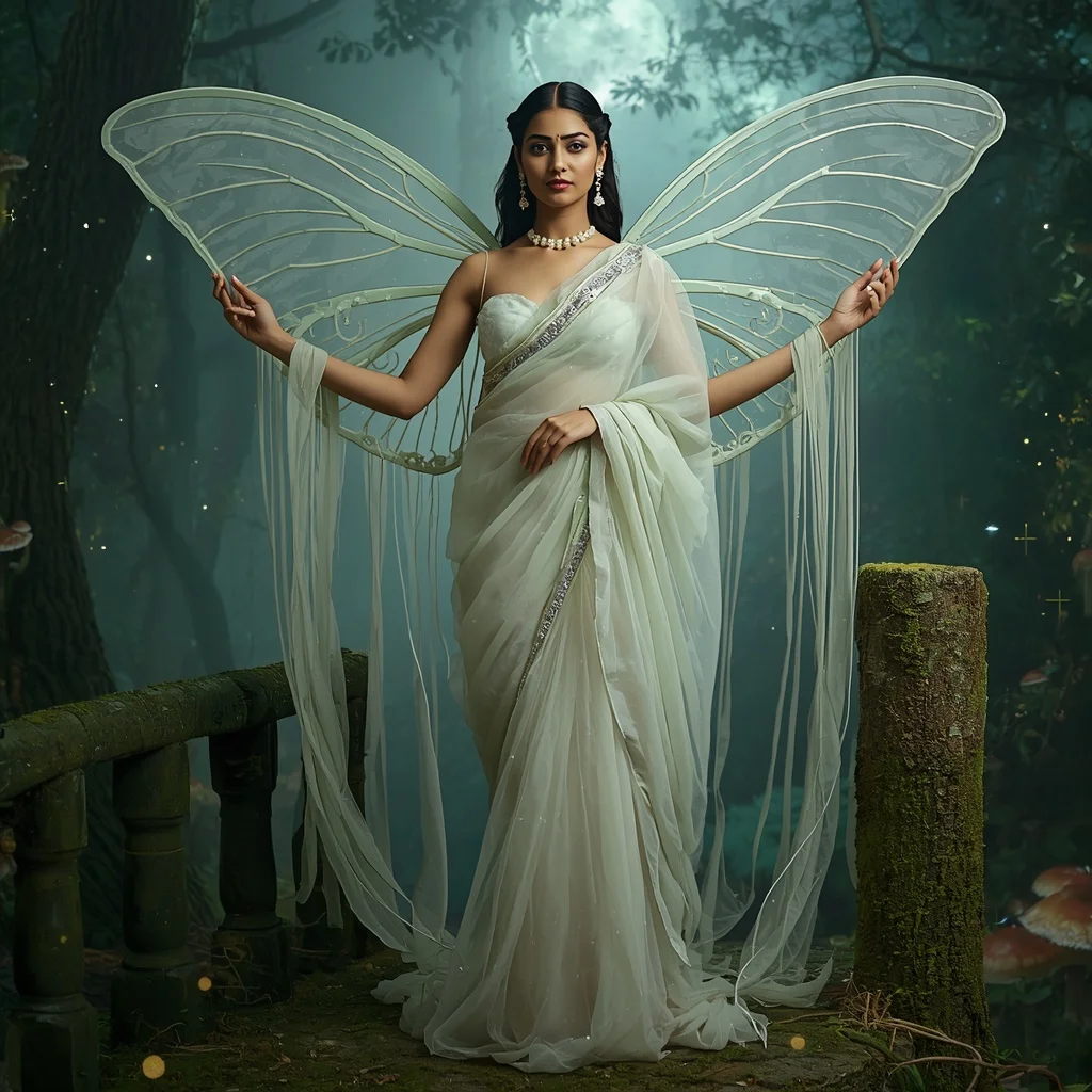 Ethereal Luna Moth Serenity Saree with Enchanted Moonlit Forest Background | Photo Prompt