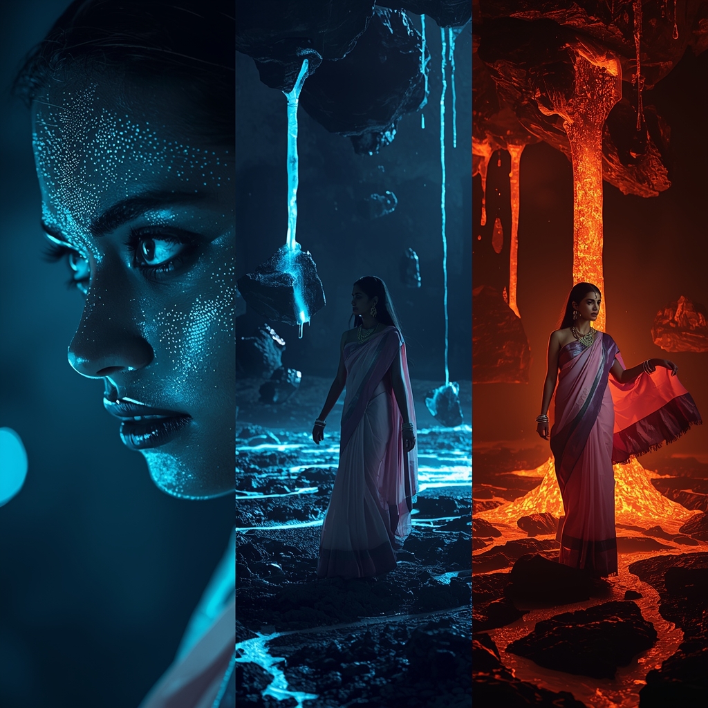 Ethereal Molten Obsidian Glowing Blue Lava Saree Premium Look | Beautiful Saree Girl Ai Prompt