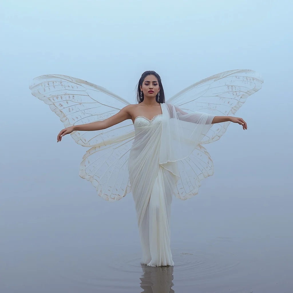 Ethereal White Swan Feather Butterfly Saree with Foggy Lake Background | Prompt Gemini