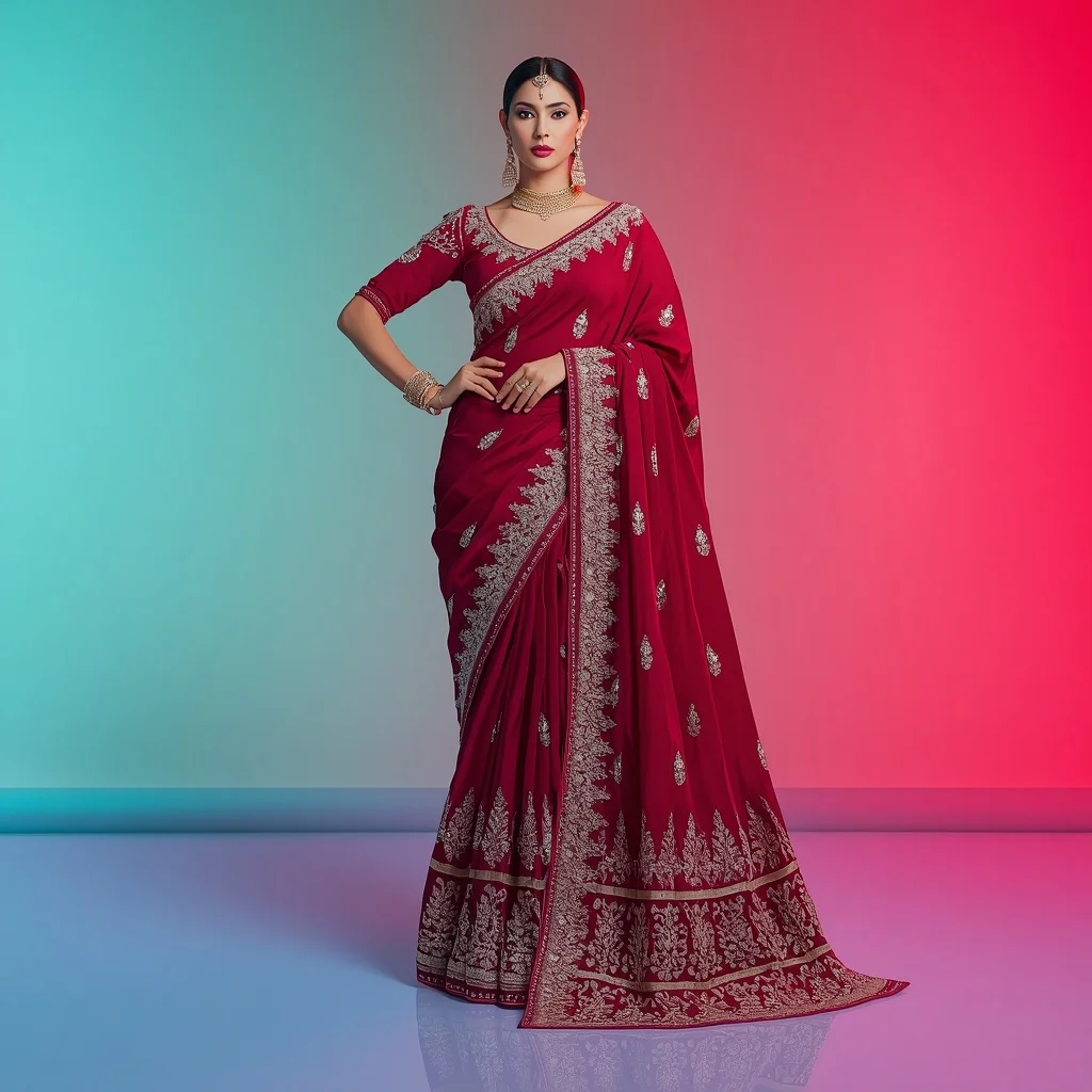 Extravagant Designer Saree with Vibrant Color Glow Background | Ai Selfie Prompt