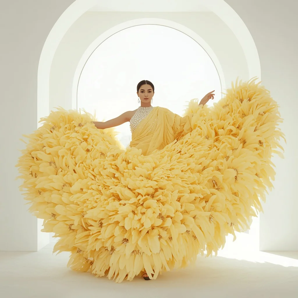 Extravagant Ostrich Feather & Rhinestone Lemon Saree | Playful Twirl Pose | Style Ai Prompt