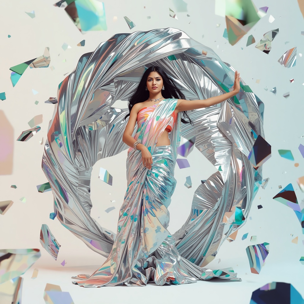 Extreme 3D Acrylic Drip Holographic Saree | The Violent Pallu Whip Spin Pose | Floating Shattered Glass Mirrors | Saree Prompt For Instagram