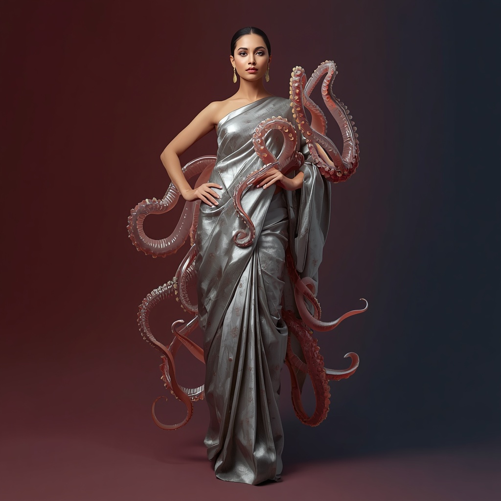 Extreme 3D Sculpted Silicone Tentacles Over Heavy Silk Saree Sensual Pose | Ai Image Generator Prompt