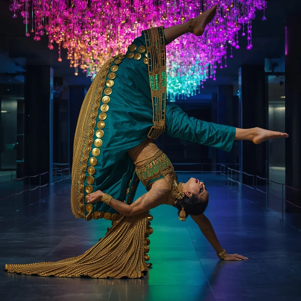 Extreme 5-Inch Thick Gold Gota Patti Saree: Deep Teal Silk | The Backward Falling Bridge Catch Pose | Neon Quantum Bubbles