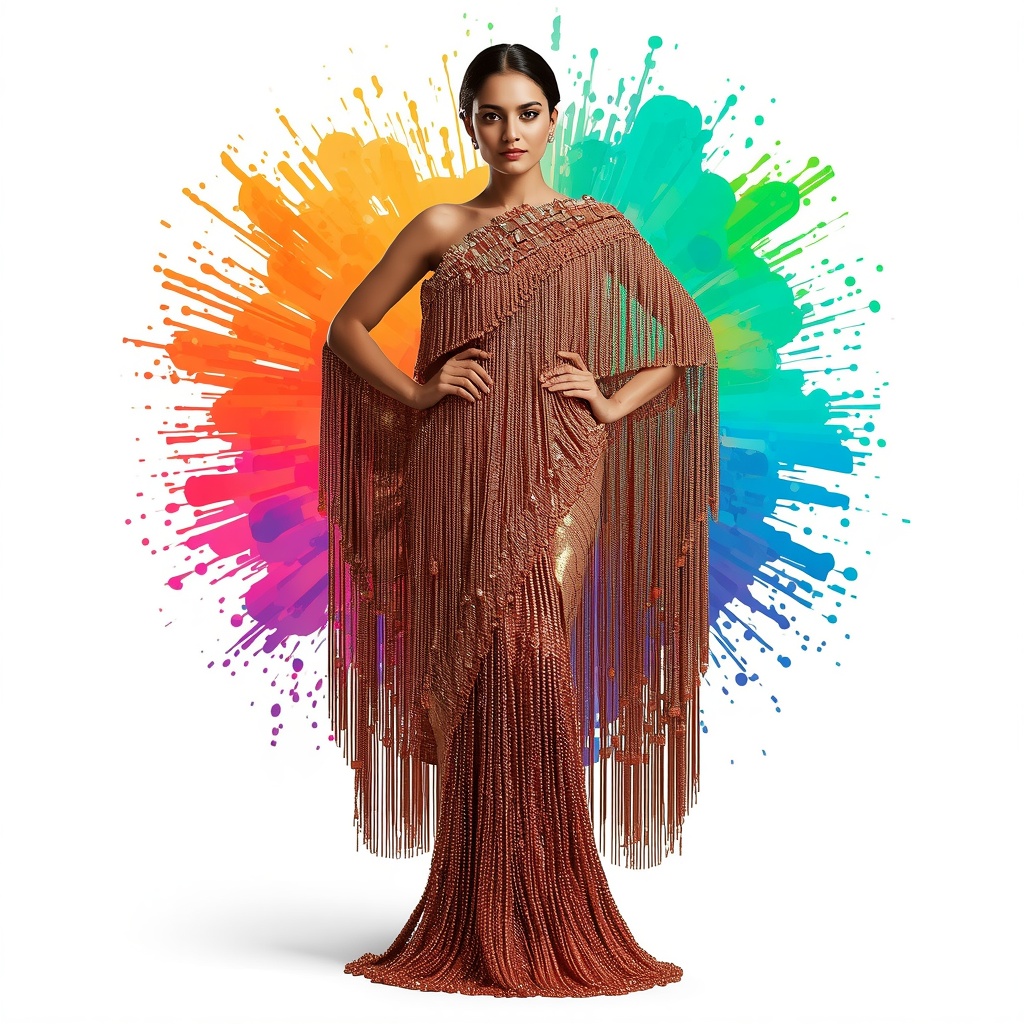 Extreme Chandelier Bead Fringe Over Liquid Copper Metallic Festive Saree | Prompt Engineering
