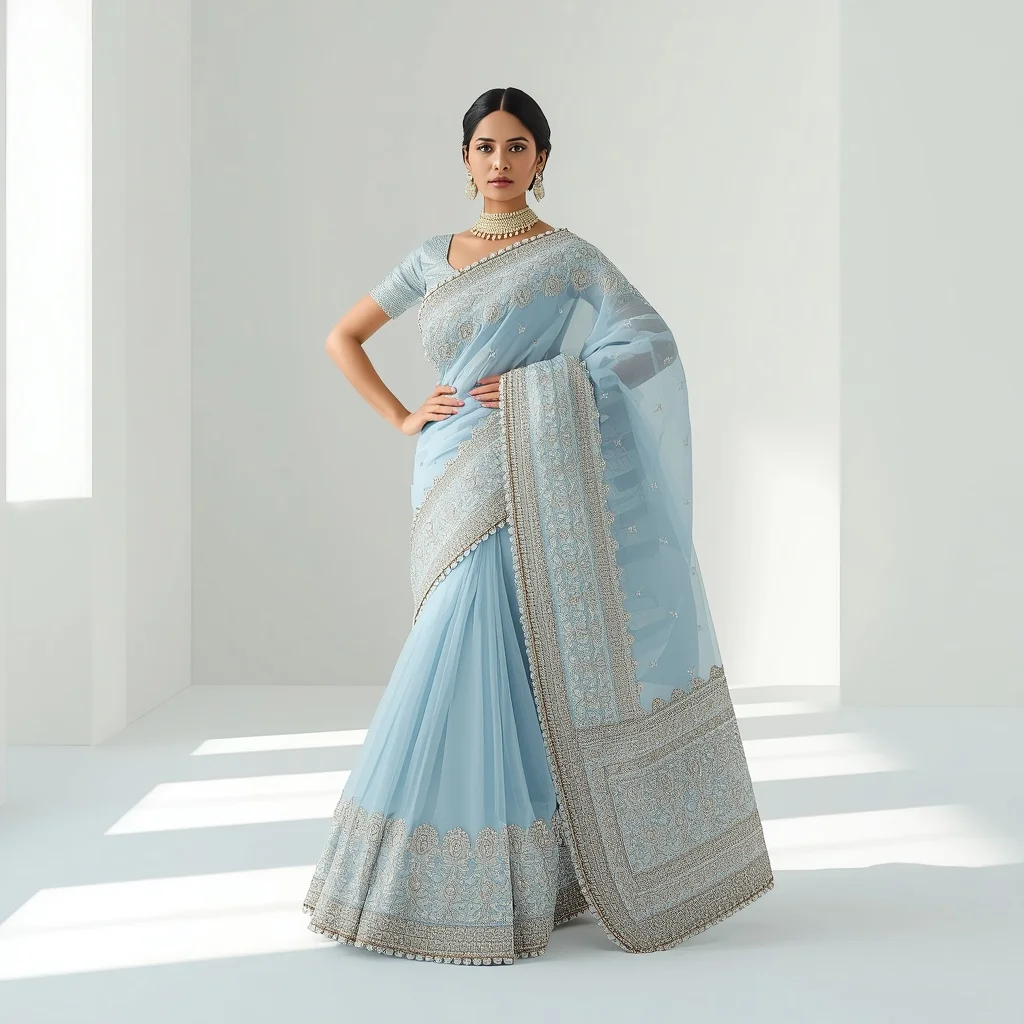 Extreme Cutwork & Heavy Silver Thread Powder Blue Saree | Hands on Hips Power Pose | Best Prompt Ai For Girl