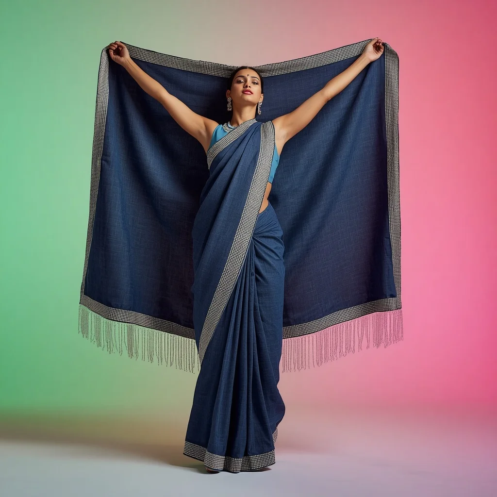 Extreme Heavy Denim And Crushed Diamond Street-Couture Saree | Prompt Seen Girl Lehenga