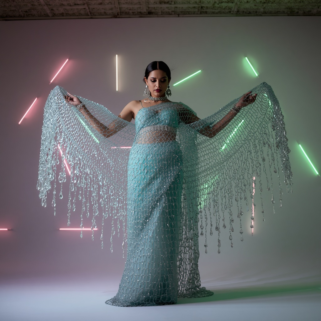 Extremely Heavy Crystal Drop Mesh Pastel Aqua Saree | Low Angle Goddess Stance | Gemini Ai Photo Prompt