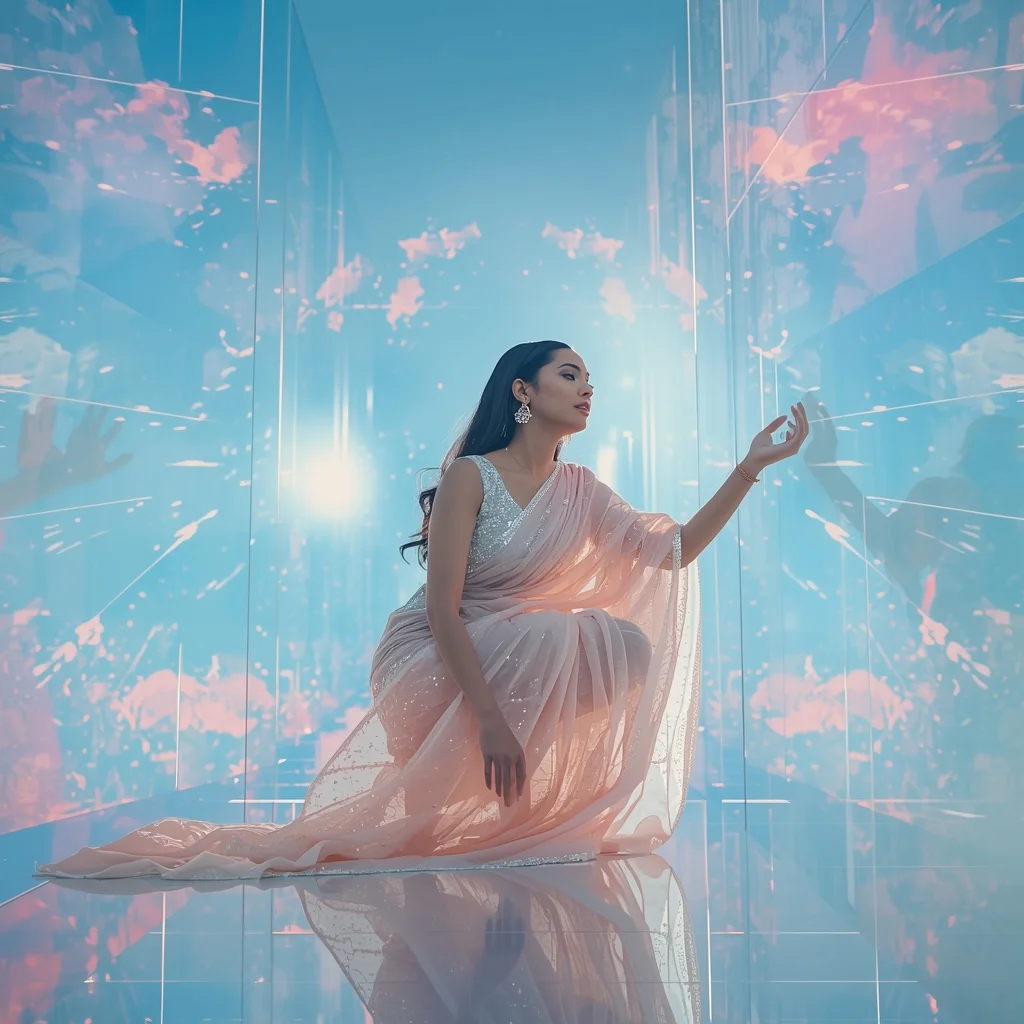 Fancy Festival Saree Acoustic-Wave Levitation Shimmer | Prompt For Traditional Look For Girl In English
