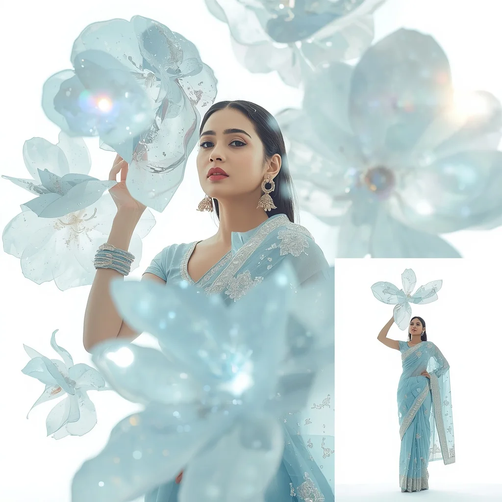 Festive Baby Blue Saree Luminous Translucent Crystalized Flower Bloom | Gemini Ai Prompt Copy Paste