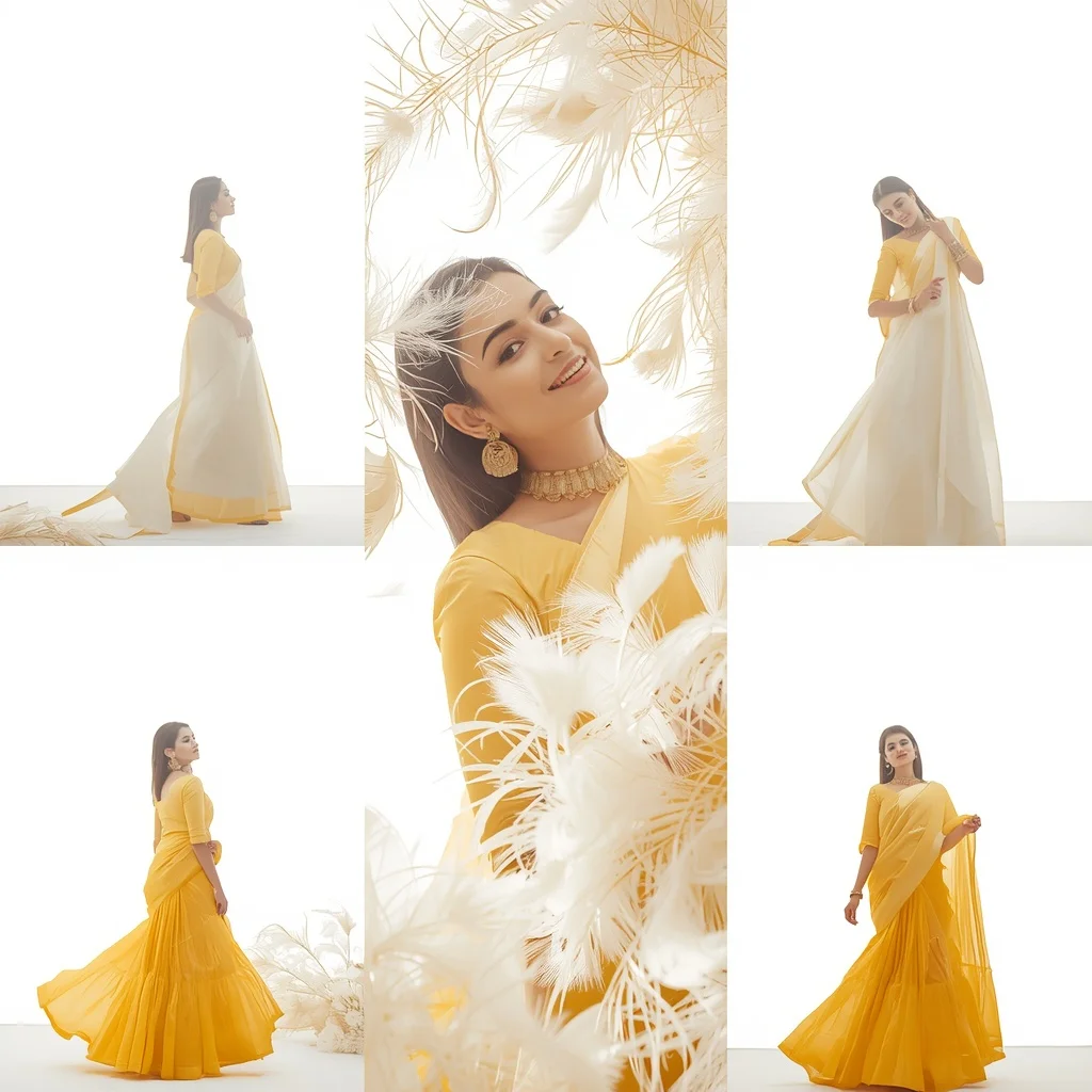 Festive Canary Yellow Saree Sunlit White Peacock Feather Plume | Photo Prompt