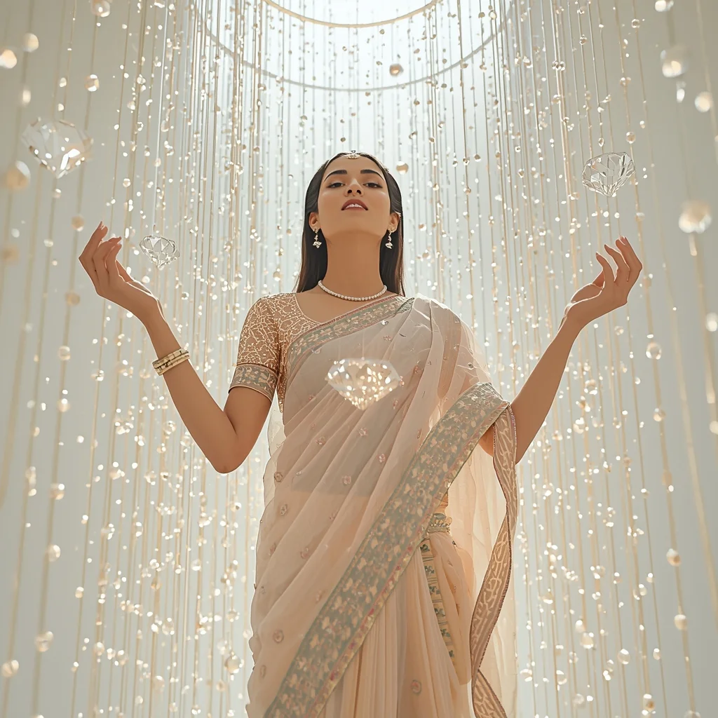 Festive Fancy Saree Acoustic-Levitated Pearl Waterfall | New Prompt