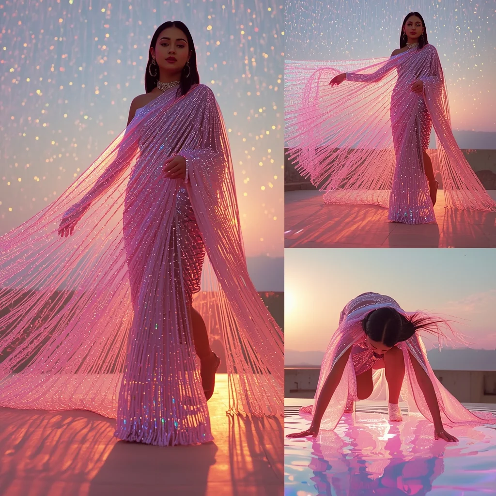 Festive Fancy Saree Cybernetic Optical-Fiber Fringe | Bridal Saree Ai Prompt