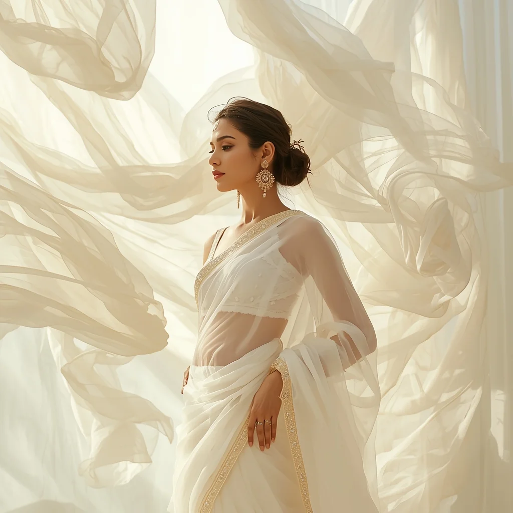 Festive Fancy Saree Floating White Silk Chiffon Dream Cinematic | Traditional Prompt For Gemini Ai Girl Aesthetic