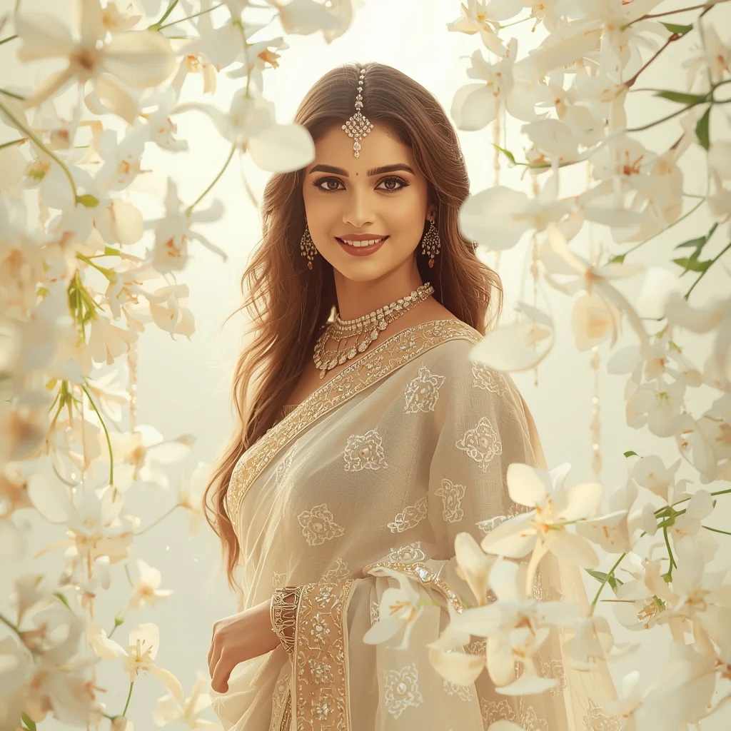 Festive Fancy Saree White Gold Jasmine Premium Cinematic | Gemini Girl Photo Prompt Indian Style