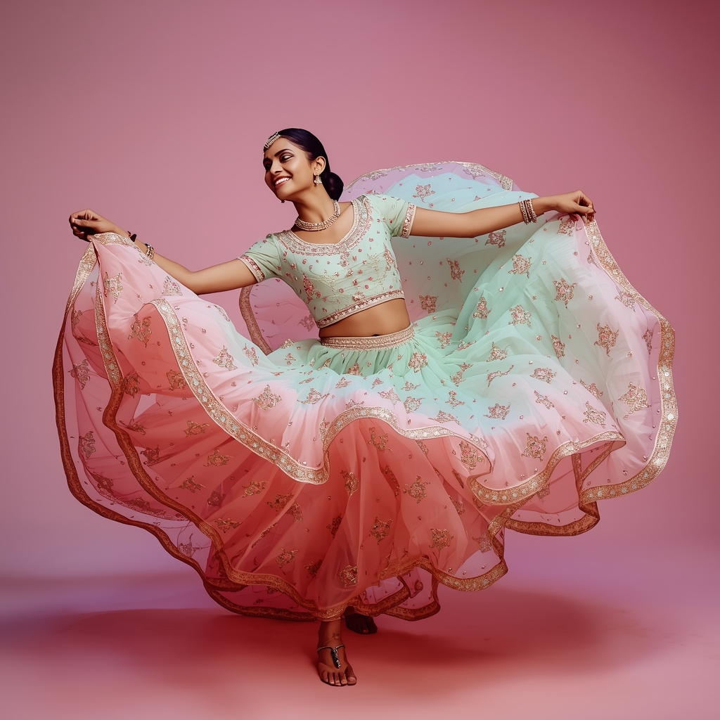 Festive Lehenga Girl Diagonal Drop Spin Bloom Pose | Saree Photoshoot Ai Prompt
