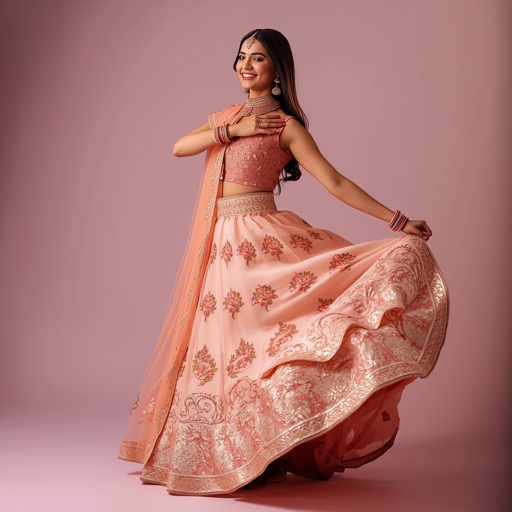 Festive Lehenga Girl Side Lift Turn Bloom Motion Pose | Beautiful Saree Girl Ai Prompt