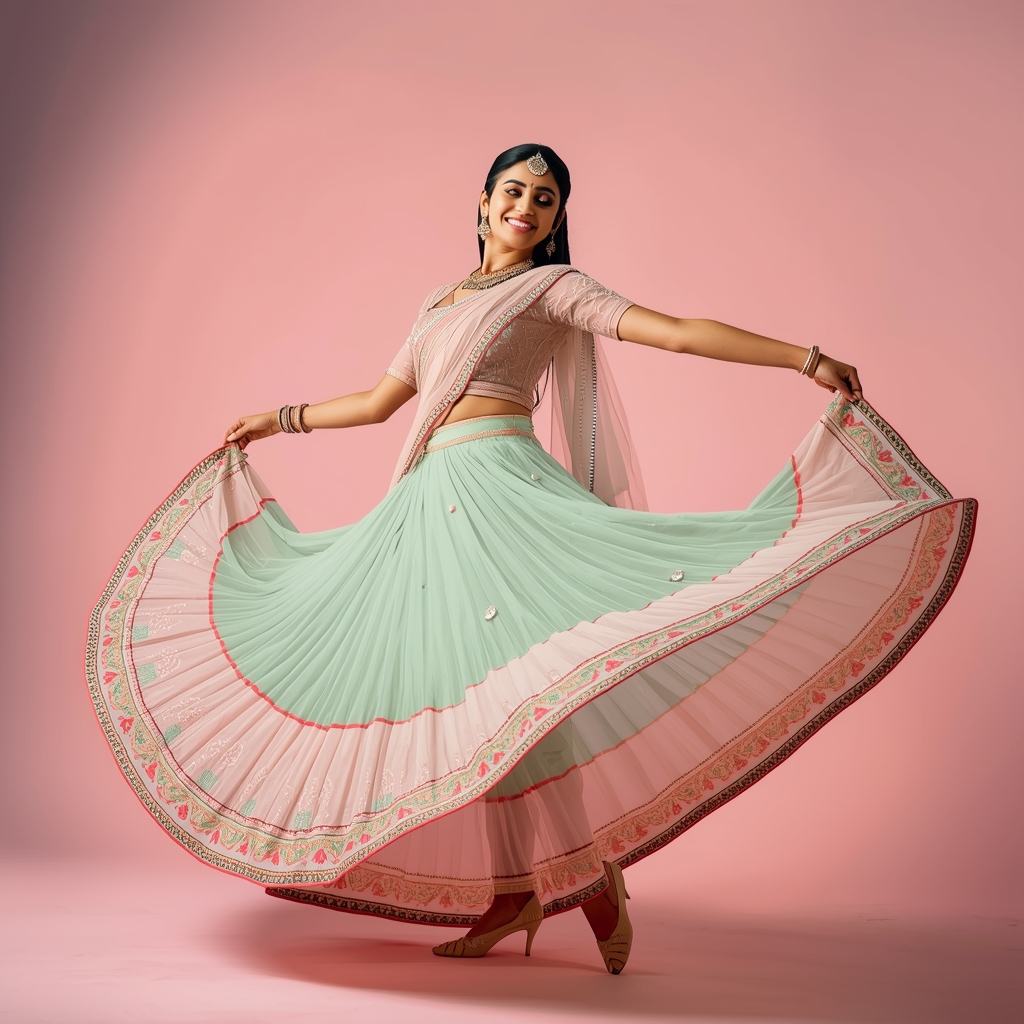 Festive Lehenga Girl Step Lift Spin Layered Motion Pose | Ai Video Generator Prompt