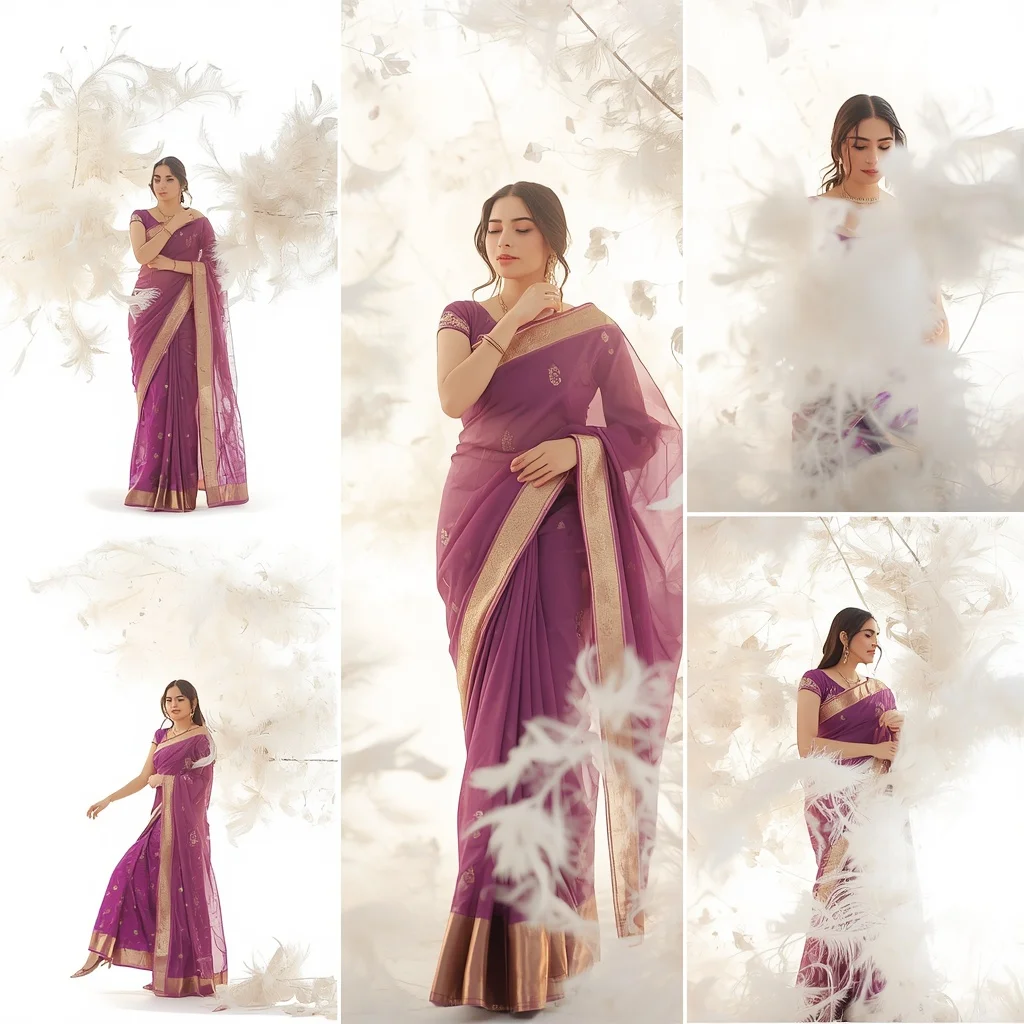 Festive Magenta Purple Saree Glowing White Peacock Feather Plume | Prompt Seen Horror Girl