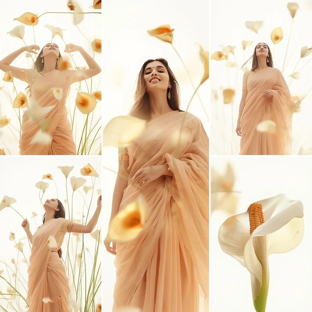 Festive Pale Apricot Saree Hovering White Gold Calla Lily Bloom | New Instagram Trend Prompt For Girl Love Copy And Paste