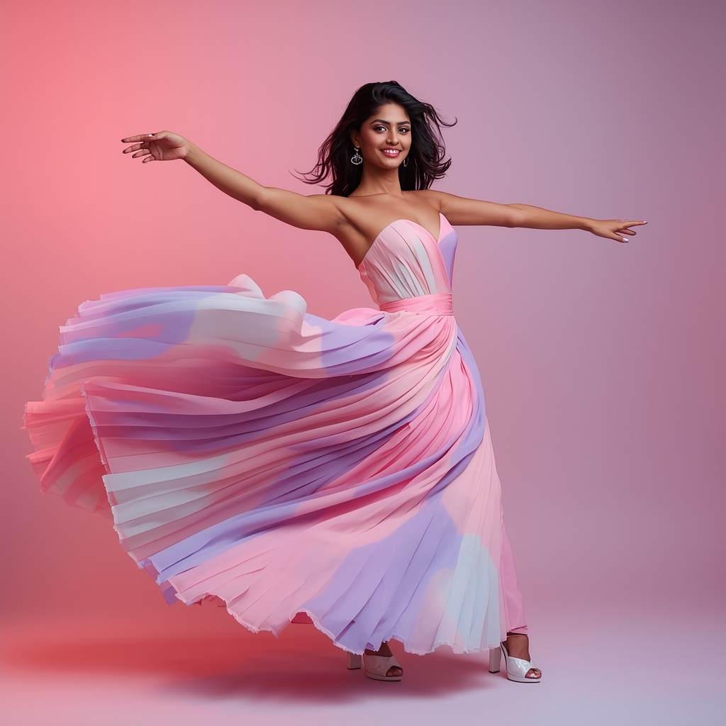 Festive Party Gown Girl Forward Sweep Arm Lift Pose | Gemini Photo Prompt
