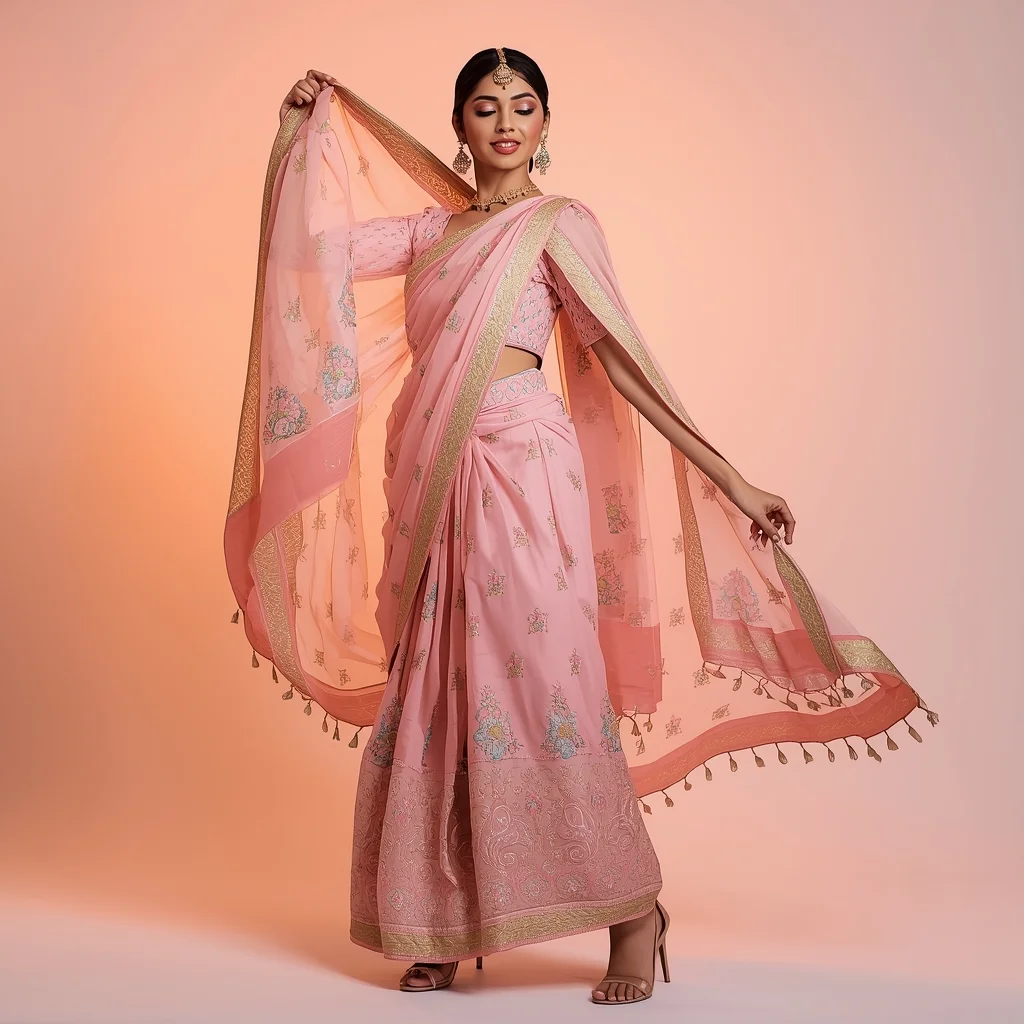 Festive Pastel Girl Dupatta Lift Behind Shoulder Pose | Saree Prompt For Girls