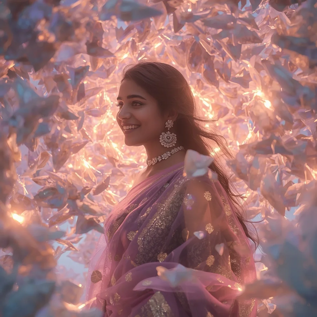 Festive Pastel Saree Acoustic Echo Crystal Formation Collage | Woman Pose Ai Prompt
