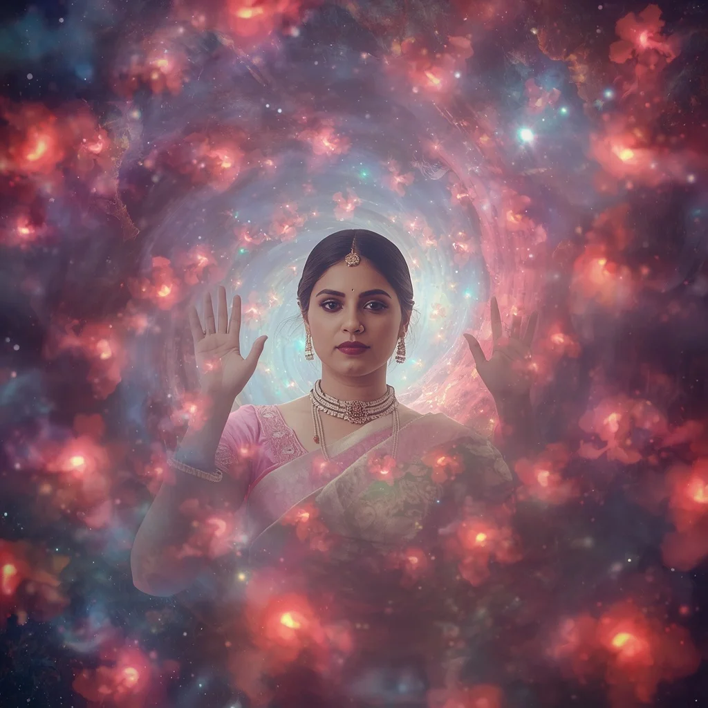 Festive Pastel Saree Aura Spiral Hibiscus Galaxy Collage Cinematic | Female Model Ai Prompt