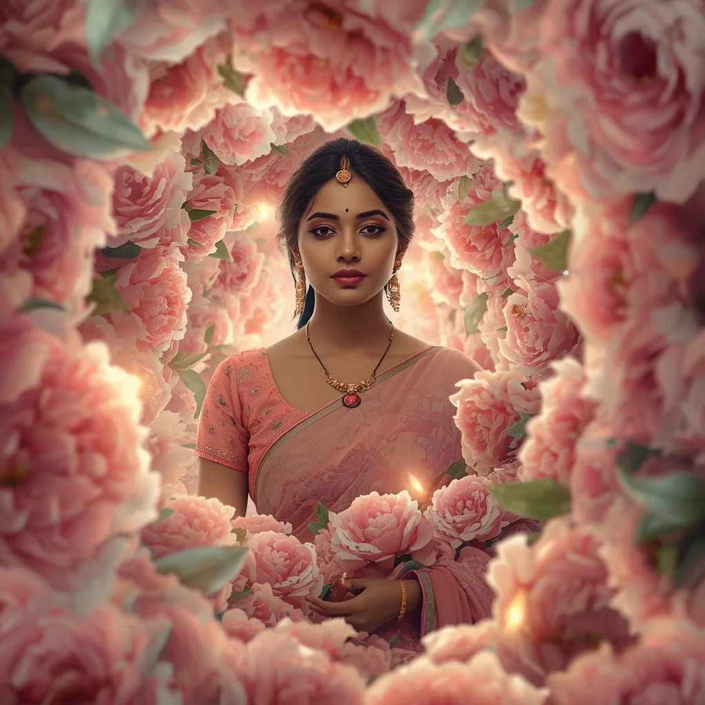 Festive Pastel Saree Aura Spiral Peony Cosmos Collage Cinematic | Prompt Image