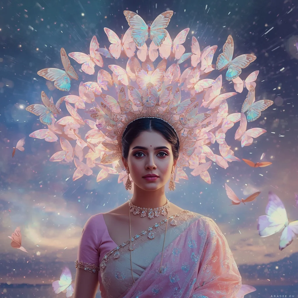 Festive Pastel Saree Aurora Crystal Butterfly Crown Collage Luxury | Indian Girl Ai Prompt