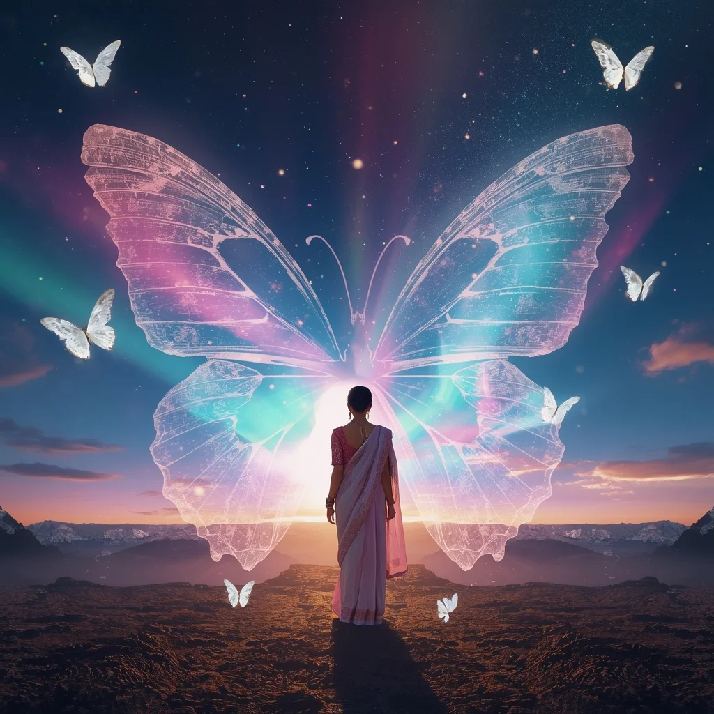 Festive Pastel Saree Aurora Crystal Butterfly Horizon Collage Luxury | Ai Prompt For Social Media