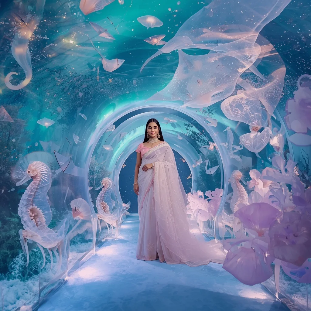 Festive Pastel Saree Aurora Crystal Celestial Aquarium Luxury | 3d Animation Ai Prompt