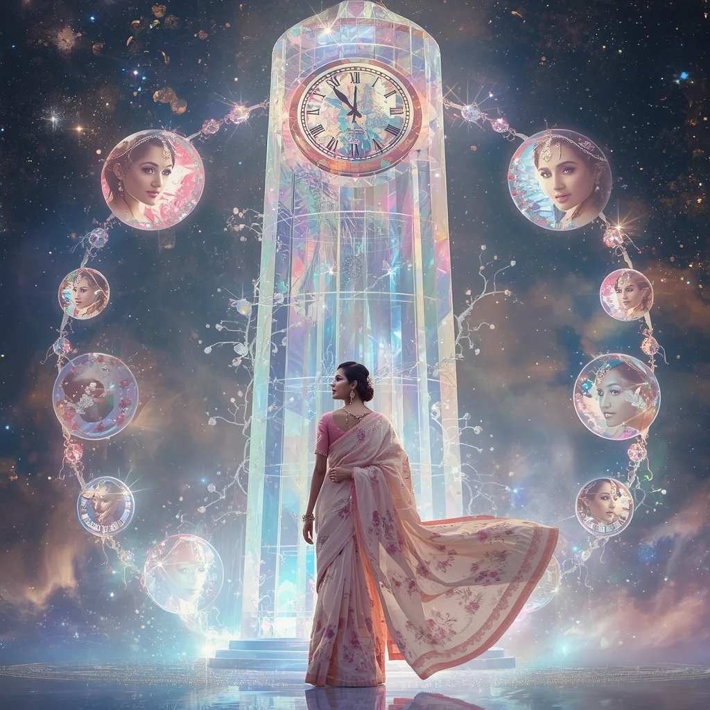 Festive Pastel Saree Aurora Crystal Celestial Clocktower Collage Luxury | Gemini Ai Photo
