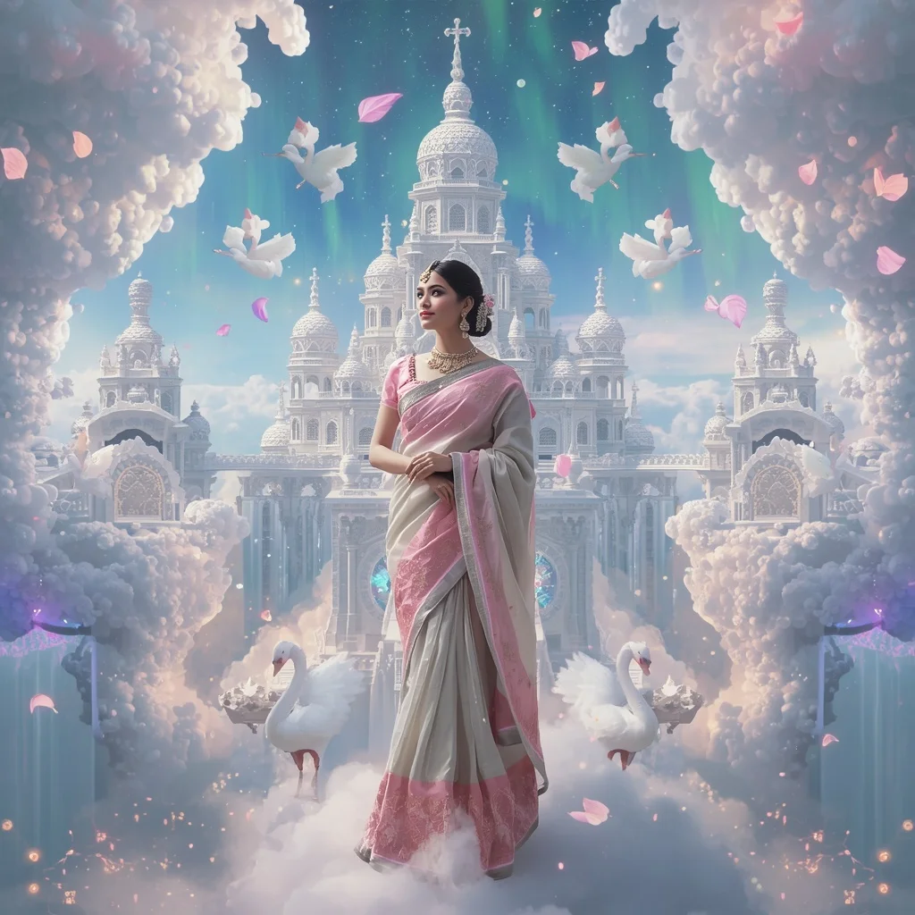 Festive Pastel Saree Aurora Crystal Celestial Cloud Pearl Citadel Collage Luxury | Prompt Seen Girl Lehenga