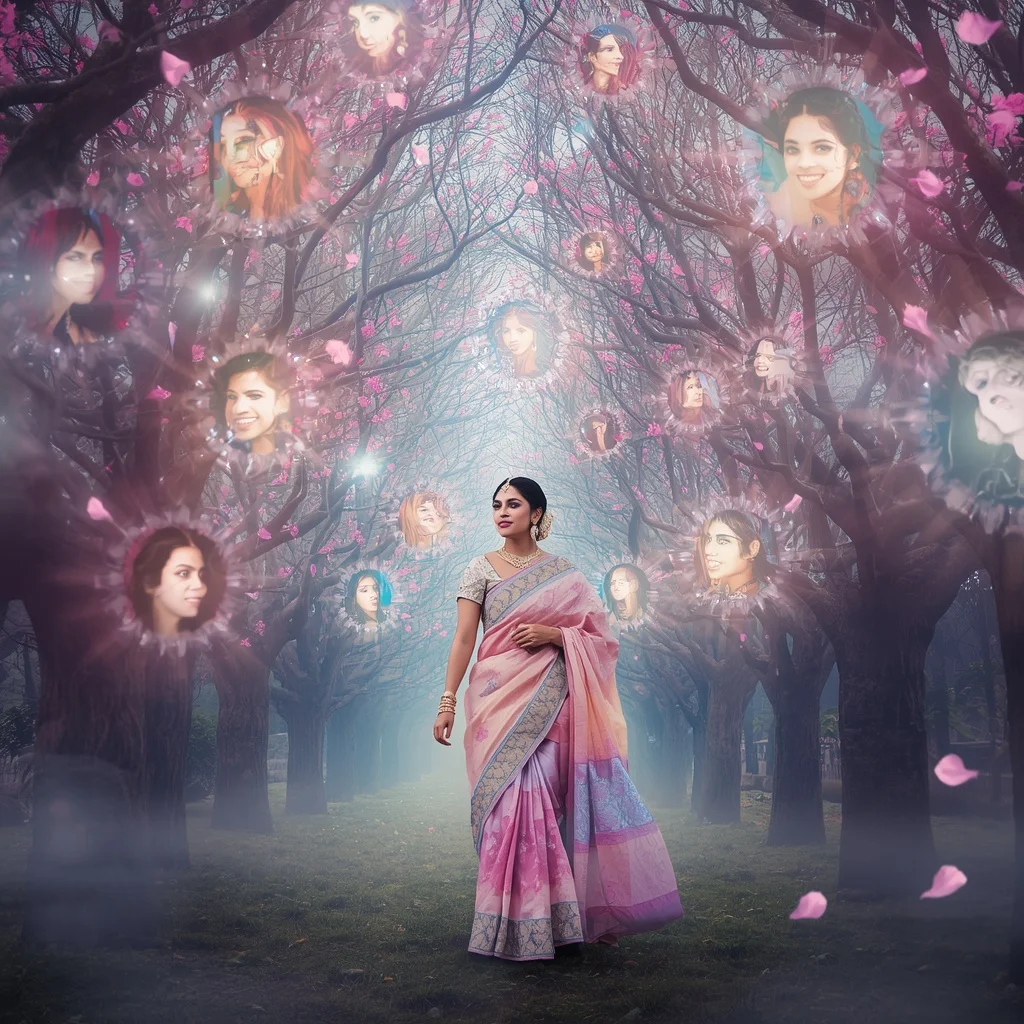 Festive Pastel Saree Aurora Crystal Crown Forest Collage Luxury | Hd Image Prompt